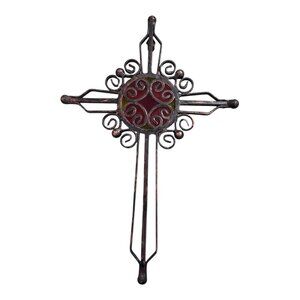 Vintage Ornate Scrolls Cross Red Green Stained Glass Centerpiece 12" Wall Decor